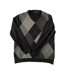 Claiborne V-Neck Argyle Sweater Men's Medium 100% Cotton‎ Black & Gray  Preppy